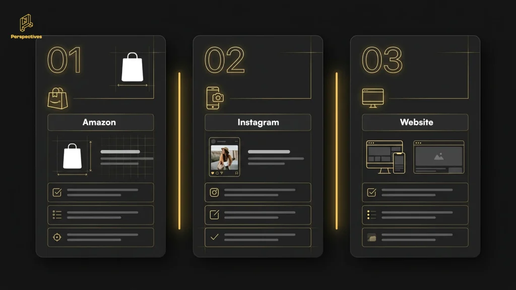 Comparison of product photography requirements for Amazon, Instagram, and business websites, highlighting platform-specific image styles and formats