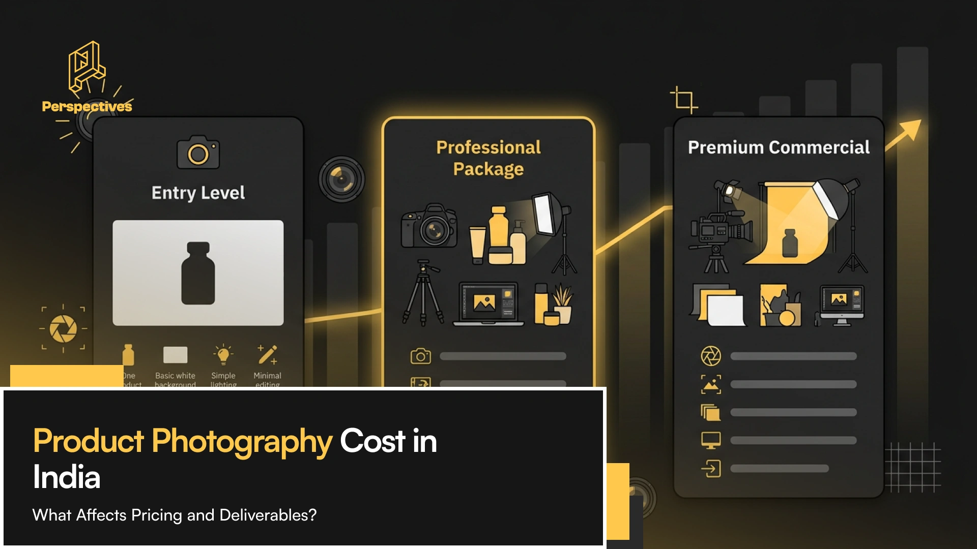 Price comparison breakdown showing product photography costs in India across three tiers: budget, professional, and premium options. Visual representation of value at each price point