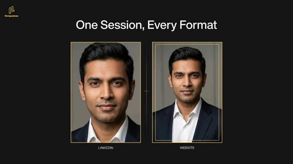 Corporate headshot photography showing LinkedIn and website portrait formats