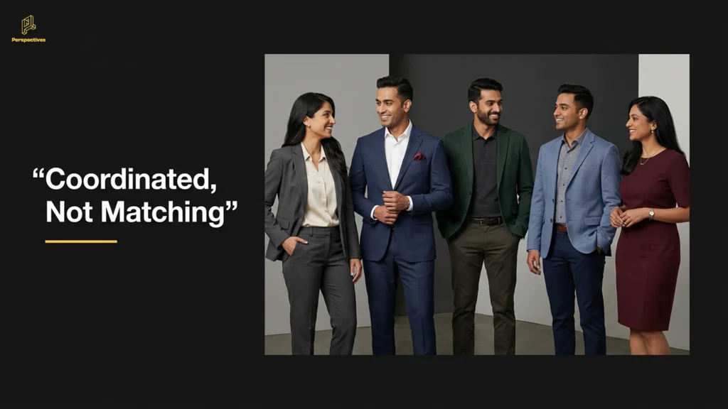 Team members wearing coordinated outfits for group corporate headshots