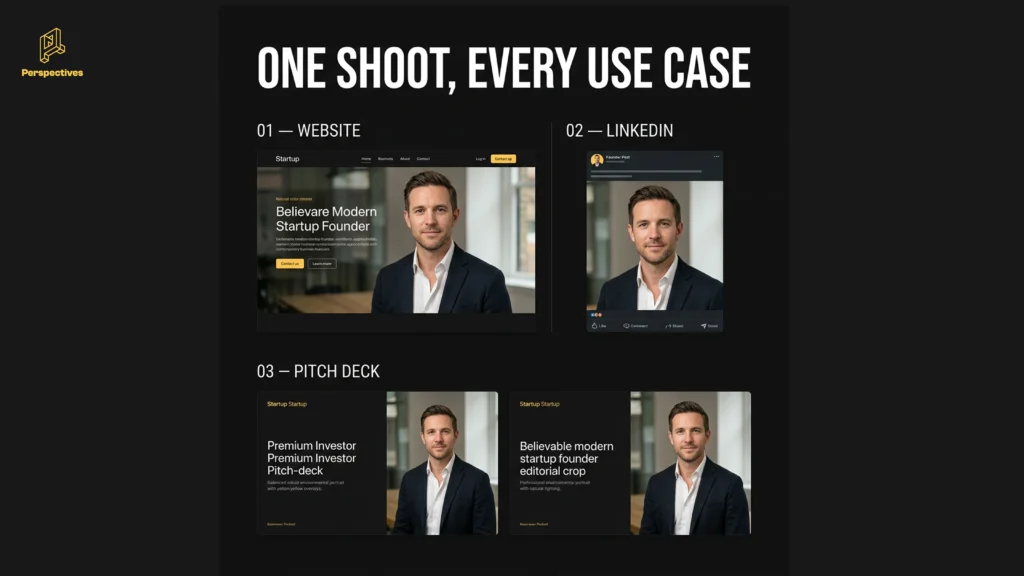 Founder photoshoot image shown across a startup website, LinkedIn profile and pitch deck