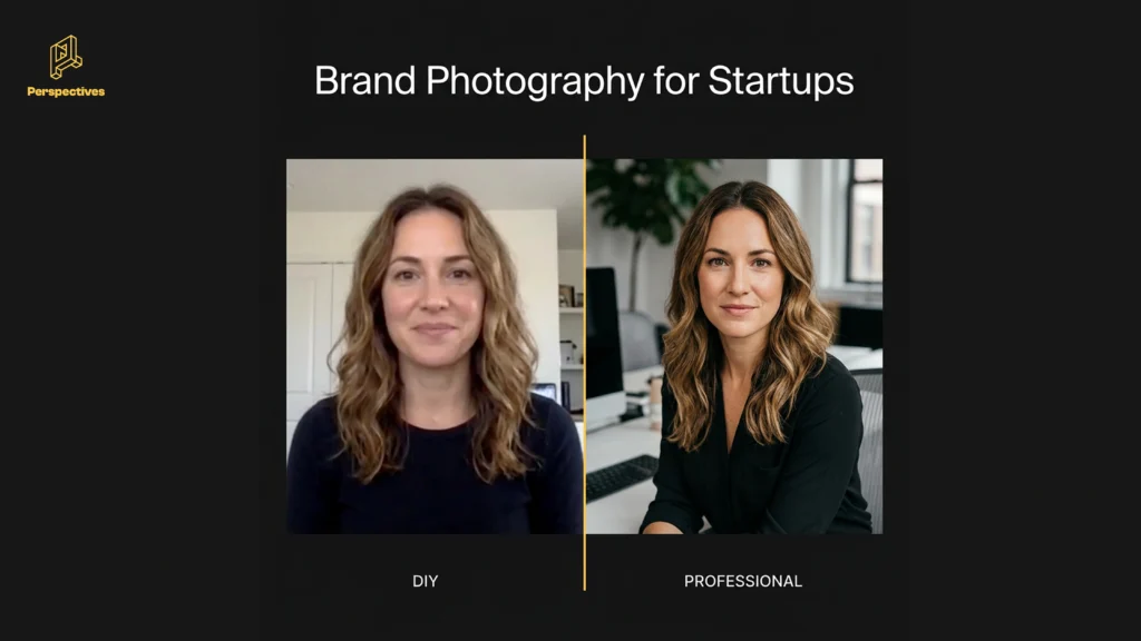 Comparison of a DIY founder photo and a professional founder photoshoot portrait