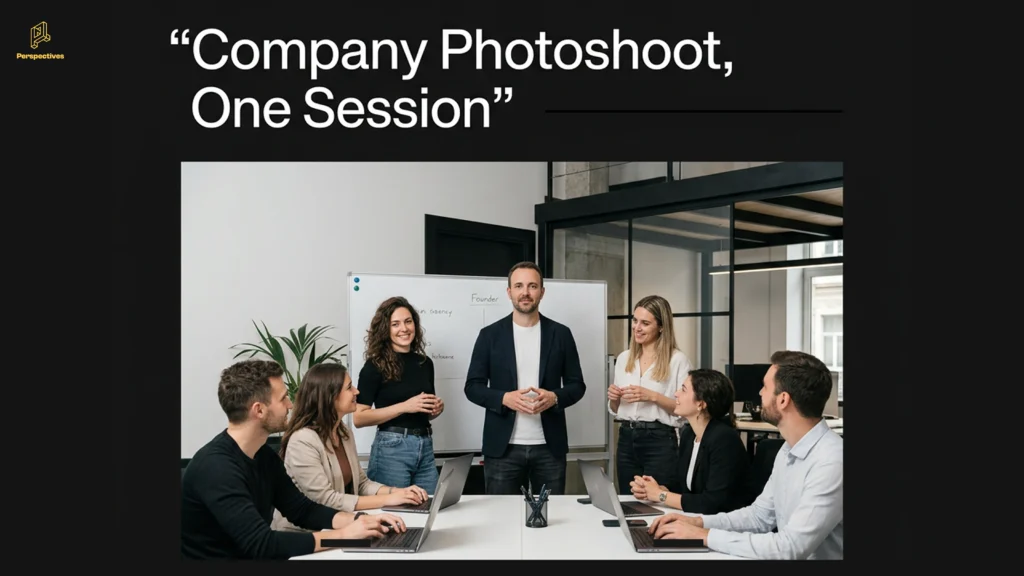 Startup team and founder photographed together in a professional company photoshoot setting