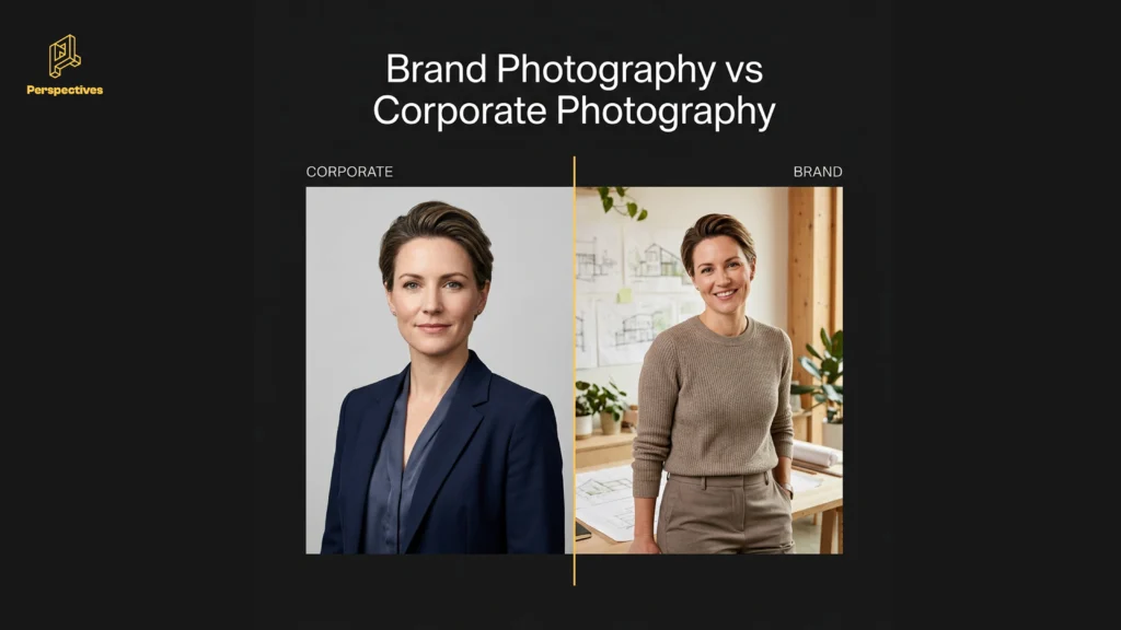 Side-by-side comparison of formal corporate photography and lifestyle brand photography