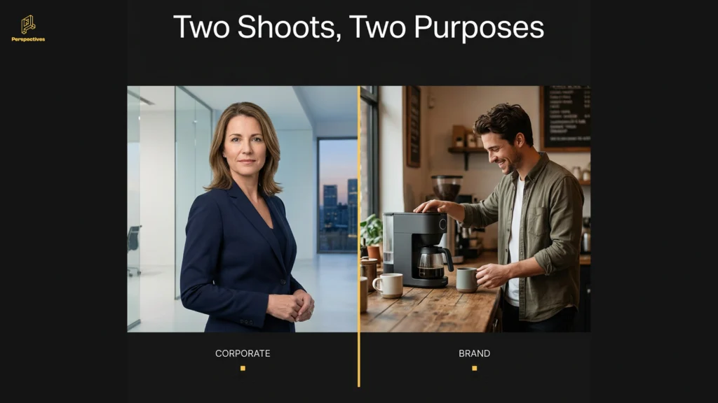Examples of corporate photography and brand photography showing different business purposes