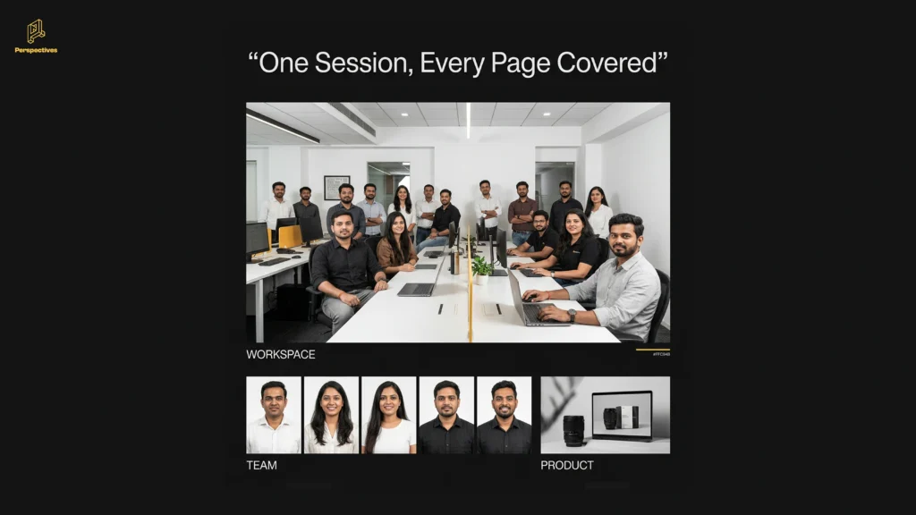 Company profile photoshoot showing team, workspace, headshots, and product photography