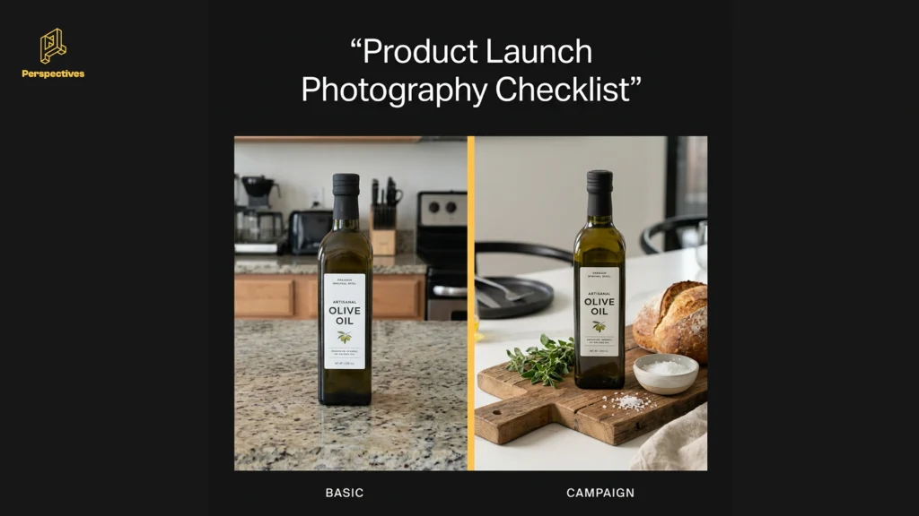 Comparison of a basic product shot and a styled campaign photograph for a product launch