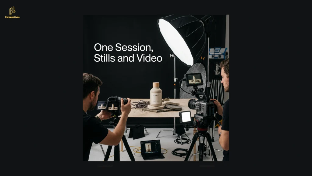 Behind-the-scenes product shoot showing photography and video production happening in one session