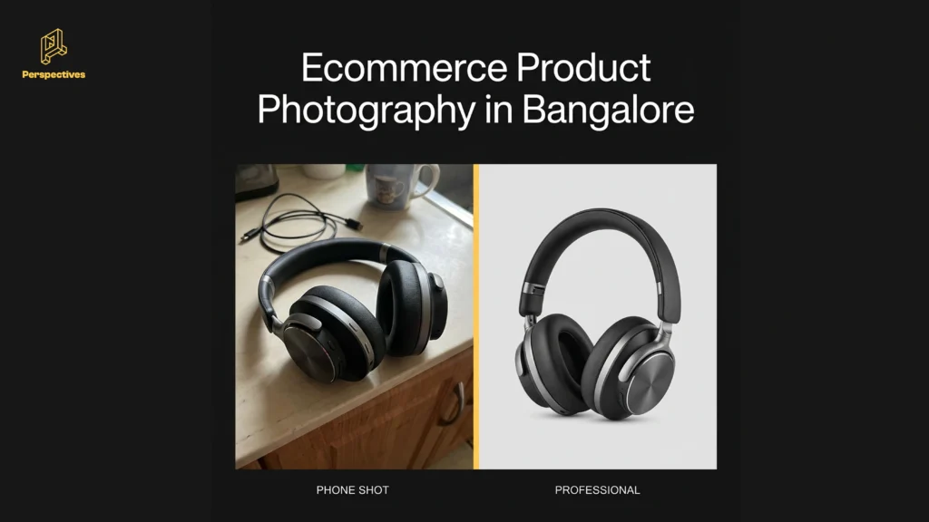 Comparison of a phone-shot product image and a professional ecommerce product photograph of headphones