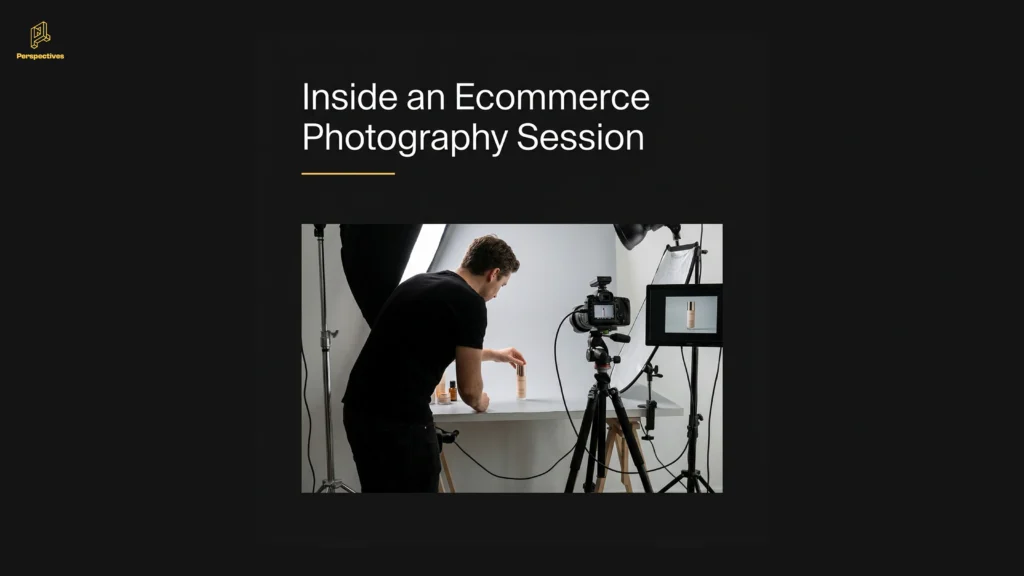 Product photographer setting up a professional ecommerce product photography shoot in a studio