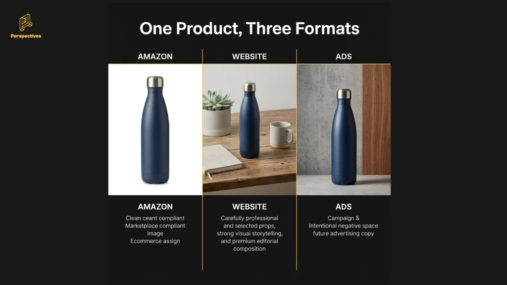 Same product photographed for Amazon marketplace, website lifestyle use, and advertising visuals