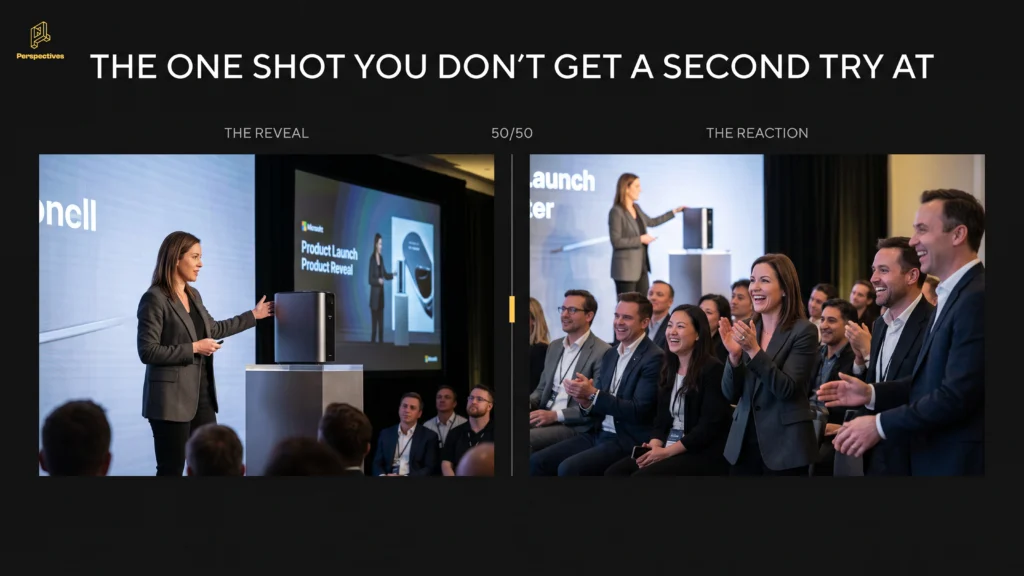 Product launch reveal photography showing the presentation and audience reaction