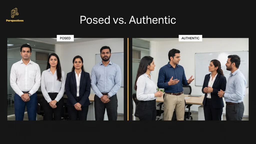 Business leader engaging naturally with employees during an office culture photoshoot