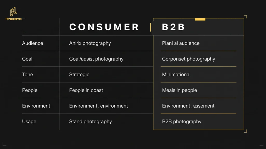 Comparison of consumer brand photography and B2B website photography goals, subjects, tone, and usage