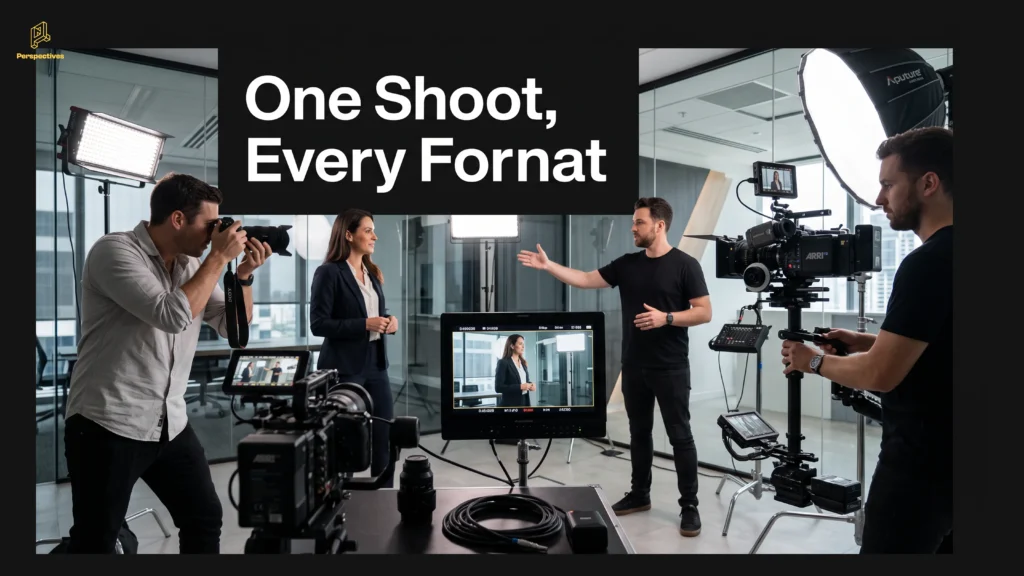 Photography and video production team working together on a multi-format brand shoot