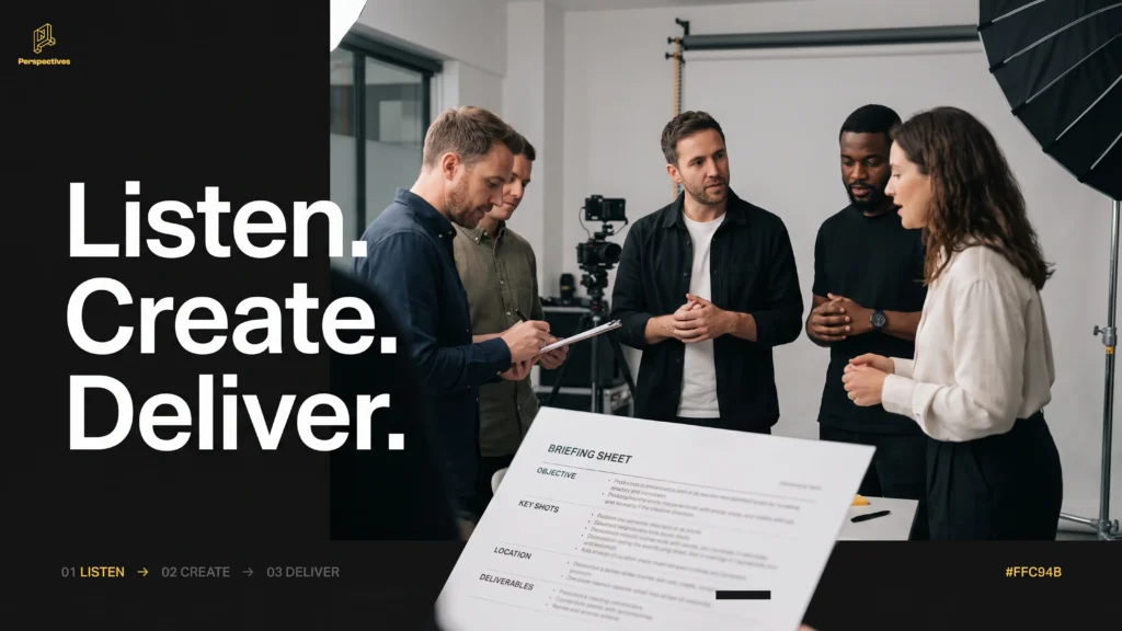 Brand shoot brief being reviewed with a Perspectives photographer before a corporate shoot