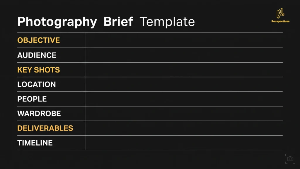 Photography brief template showing the key details needed for a brand shoot