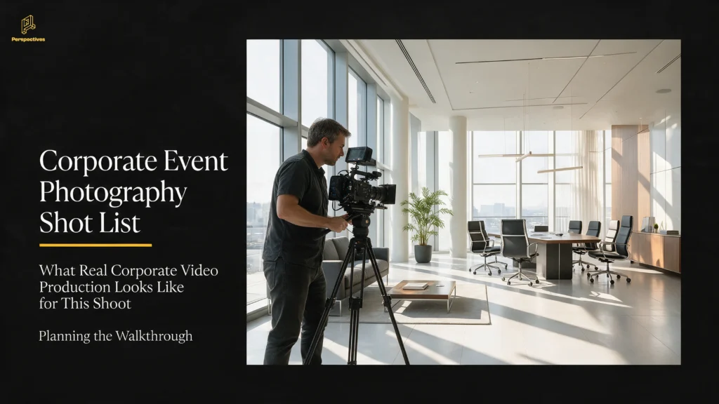 Camera operator filming an office walkthrough inside a modern workspace