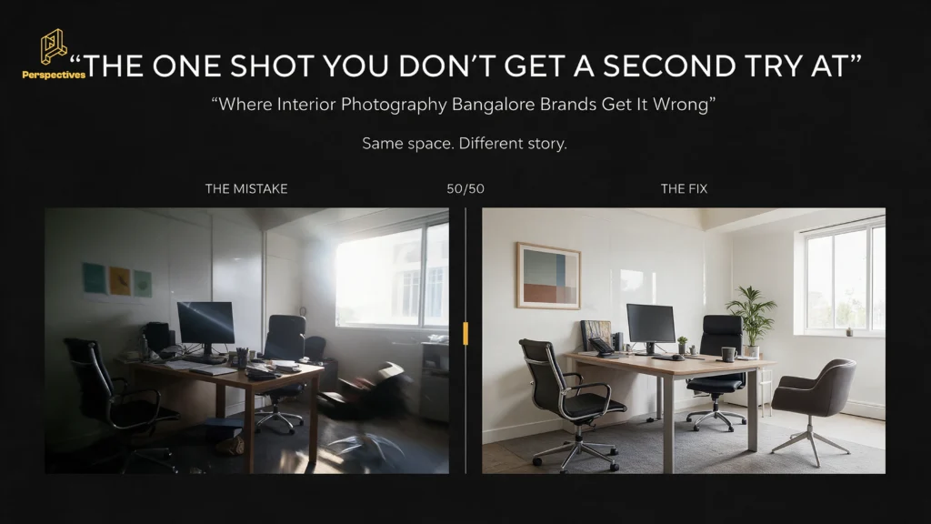 Before-and-after comparison of poorly lit and professionally photographed office interiors
