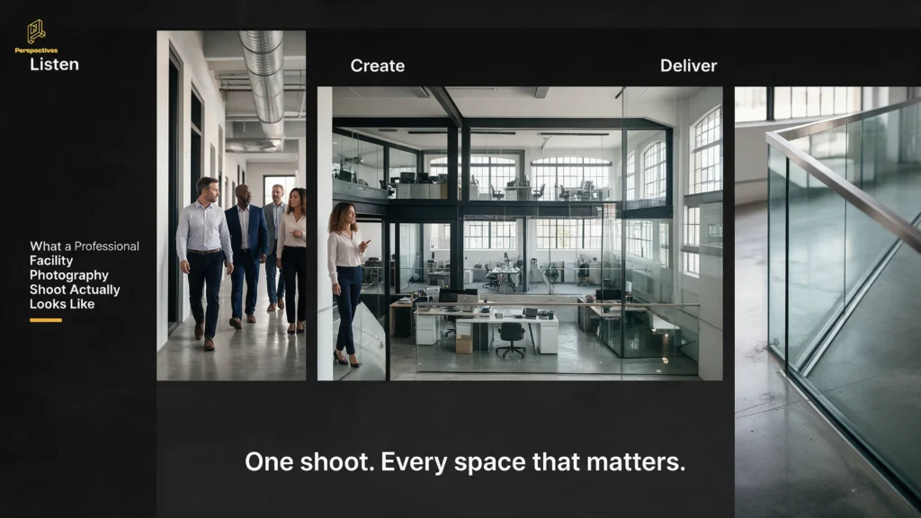 Facility photography process showing a workspace walkthrough, office interiors, and architectural details